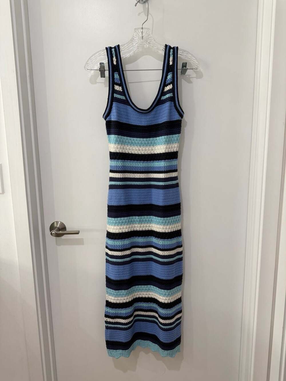 Haute Hippie Style Women's Blue Multi-Stripe Crochet Knit Midi Tank Dress